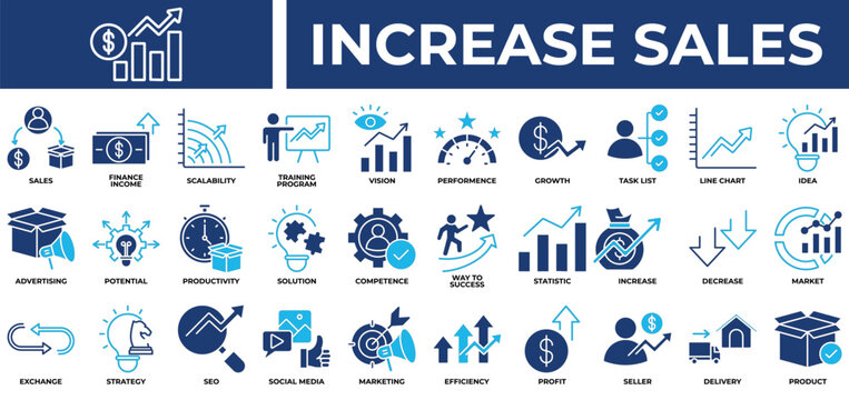 Increase Sales icon set collection. Containing sales, increase, transfer, profit, seo, performance, task .Solid vector icons collection