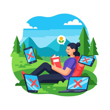 Woman reading in nature, disconnected from devices