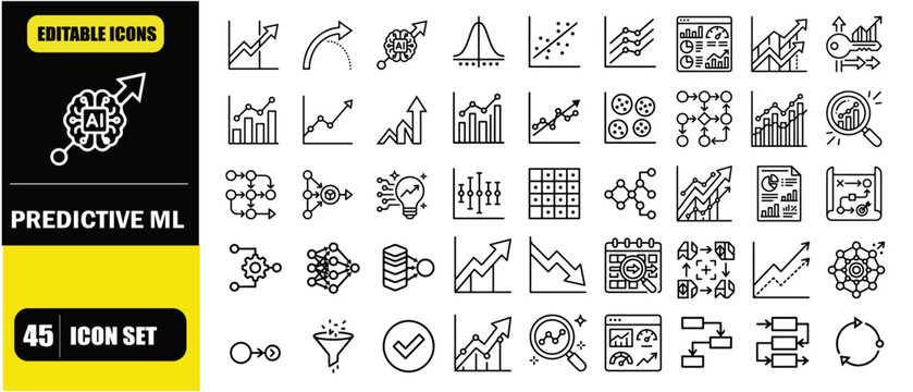Predictive Analytics Machine Learning Icon Set &ndash; Data Forecast Systems, AI Prediction Models, Statistical Analysis, Data Science, Trend Forecasting and Business Intelligence Line Icons &ndash; Thin Line Edi