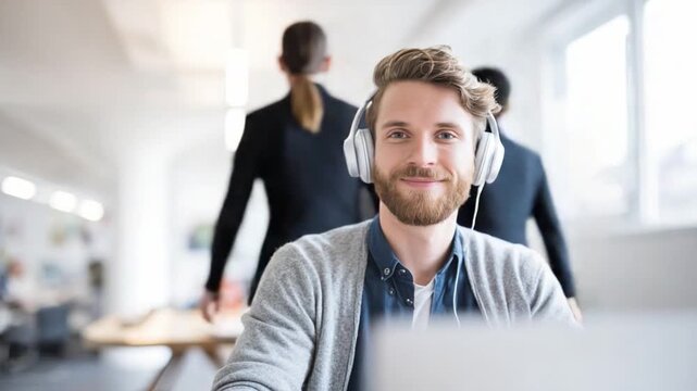 Cheerful Professional with Headphones: A young, focused professional wearing headphones and a warm smile, immersed in his work environment. Behind him, colleagues are seen in a bustling workspace.