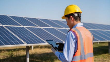 Technician checks panel data on tablet. ​Orange vest stands out against solar array. ​Yellow hard hat ensures site safety. ​Digital screen tracks sustainable power generation. ​Rows of blue panels © Jakub