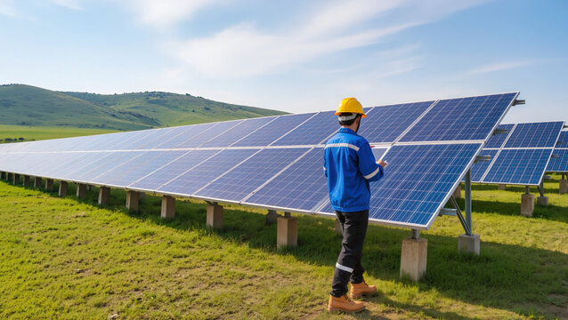 Technician walks through panoramic solar field.
​Rolling green hills frame sustainable infrastructure.
​Yellow hard hat ensures safety protocols.
​Blue uniform identifies the energy specialist.