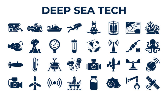 Deep sea technology and exploration icons including submersible, research vessel, diver, submersible, scientific equipment, and marine life for oceanographic research
