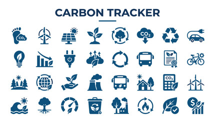 Fototapeta premium Carbon Tracker Icons Set Sustainable Energy Ecology Environment Protection Renewable Resources Transportation and Industry Symbols