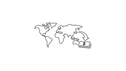 Global Finance and Trade Concept Vector Icon Illustration featuring a World Map, Arrow, and Dollar Bills. Minimalist Black Line Art with Editable Stroke for Business and Economy Graphics. © Rohan