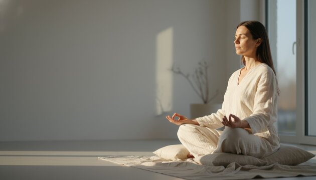 Woman practicing meditation in a bright minimalist home interior