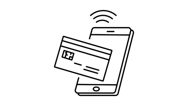 Contactless mobile payment vector icon with credit card and smartphone. Minimalist black line illustration for digital wallet and online banking with editable stroke for custom line weight.