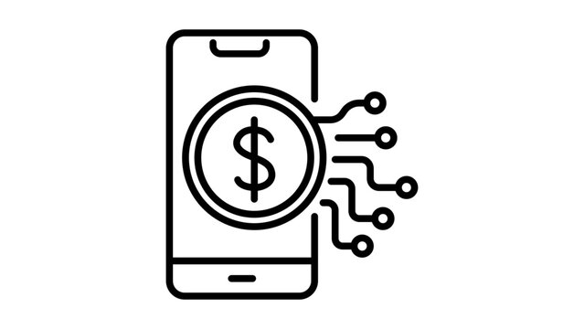 Embedded Finance and Fintech Concept Vector Icon Illustration with Editable Stroke. Minimalist Black Line Art of a Smartphone with Dollar Coin and Circuit Lines for Digital Banking and Payments.