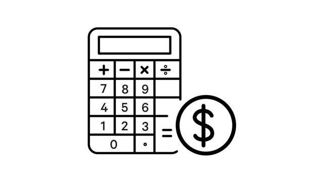 Minimalist Financial Calculator and Dollar Sign Vector Icon Illustration. Black Line Art for Business, Accounting, and Budgeting. Features Editable Stroke for Customizing Line Weight.