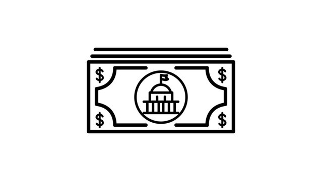 Minimalist Stack of Paper Money and Dollar Bills with Capitol Building Icon, Editable Stroke Vector Illustration for Finance, Government Budget, and Economy Concepts on White Background.