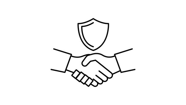 Fiduciary Duty and Trust Agreement Minimalist Black Line Vector Icon with Editable Stroke; Handshake and Shield Representing Secure Business Partnership, Legal Protection, and Reliable Cooperation.