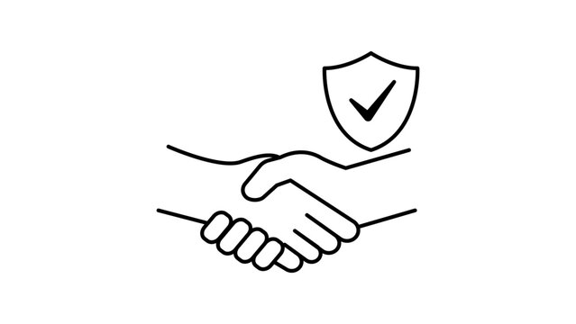 Fiduciary Duty and Trust Agreement Vector Icon with Editable Stroke. Minimalist Black Line Illustration of a Handshake and Security Shield with Checkmark for Business Partnership and Protection.