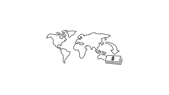 Global Finance and Trade Concept Vector Icon Illustration featuring a World Map, Arrow, and Dollar Bills. Minimalist Black Line Art with Editable Stroke for Business and Economy Graphics.