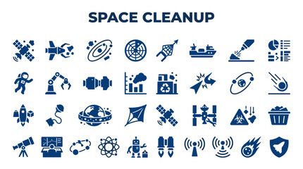 Fototapeta premium Space Cleanup Concept Icons Representing Satellite Debris Removal Asteroid Impact Prevention and Space Station Maintenance Technology