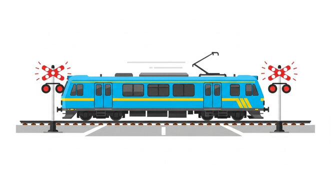 Blue electric train on railway tracks with crossing signals.