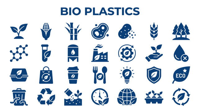 Bio plastics concept icons set for eco friendly packaging and sustainable materials innovation in green industry and environmental protection