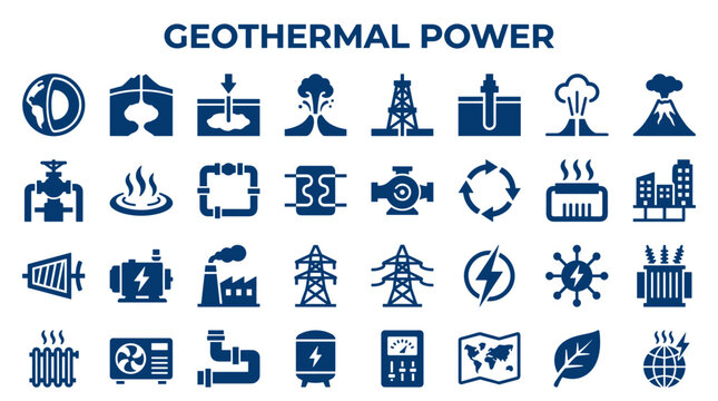 Geothermal energy power generation concept icons showing earth heat extraction and electricity production for sustainable power solutions