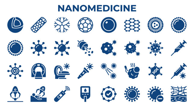 Nanomedicine Icons Set Featuring Medical Research and Healthcare Innovations