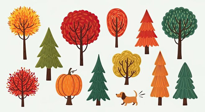 Set of colorful autumn trees with a cute little dog