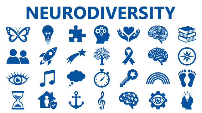 Neurodiversity concept with diverse symbols representing different minds and abilities in a colorful and inclusive representation of human potential