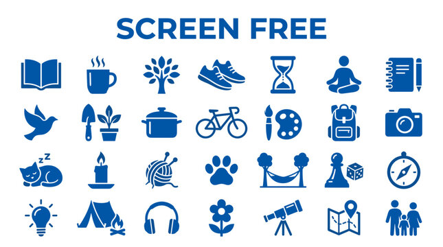 Collection of diverse icons representing screen-free activities and hobbies promoting a balanced lifestyle and digital detox