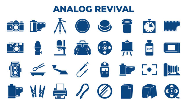 Analog photography revival icons set vintage camera film developing equipment and accessories collection