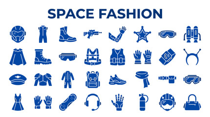 Collection of futuristic space fashion and accessory icons representing modern and futuristic clothing and gear for astronauts and space explorers © Iconique Studio