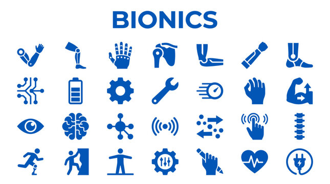 Bionics technology icons set representing advanced prosthetics artificial intelligence robotics and human augmentation innovations