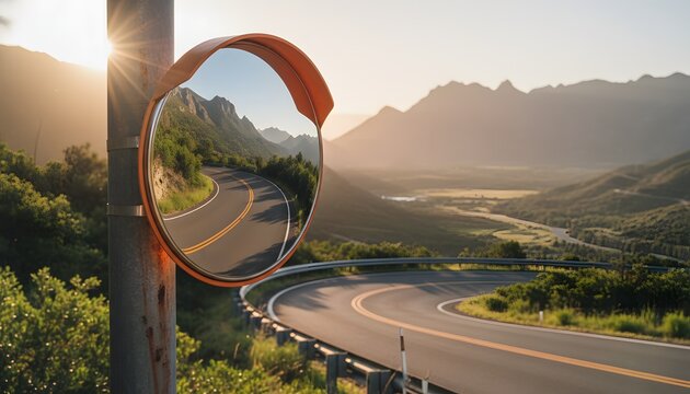 Traffic mirror at sharp curve on a scenic mountain road reflecting the winding asphalt highway for road safety and perspective concept during a golden hour sunset in the valley