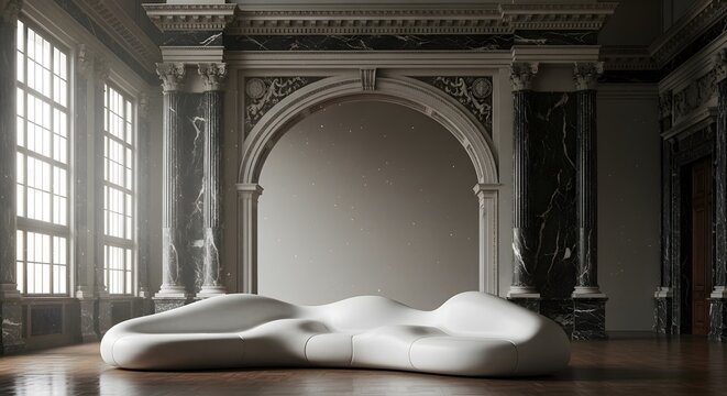 A modern, sculptural couch sits in a grand, empty hall.