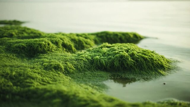 Coastal Embrace: A close-up view of vibrant green seaweed flourishing along the shore, gently kissed by the water's edge, creating a scene of tranquil natural beauty.