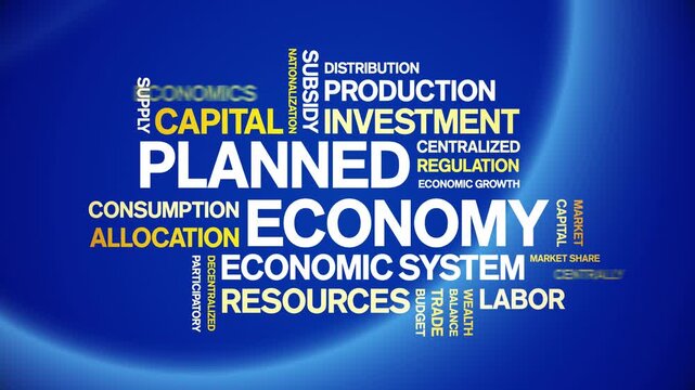 Planned Economy animated word cloud-text design animation tag kinetic typography seamless loop.