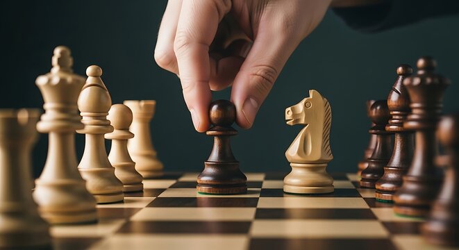 Hand moving a dark wooden chess pawn on a chessboard with other pieces
