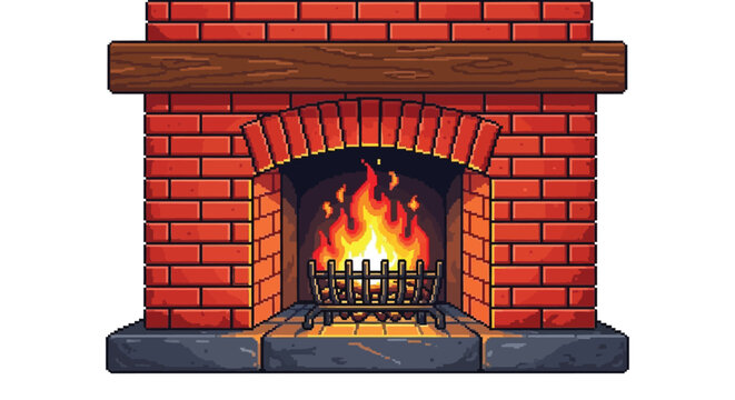 A pixel art depiction of a cozy brick fireplace with a warm glowing fire inside