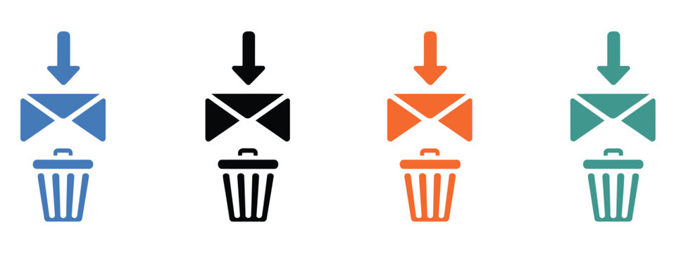 Email deletion icon, envelope dragged into trash symbols, colorful stage variations, message remove concept, interface vector illustration