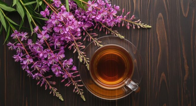 Cup of herbal tea with willowherb flowers on a dark wooden background