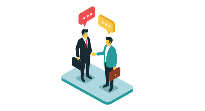 Isometric illustration depicts two businessmen shaking hands suggesting a deal or partnership being finalized