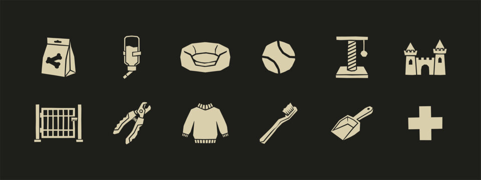 Pet shop icons set featuring dog food bed ball cat scratcher and veterinary equipment