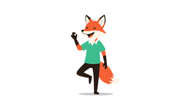 Cheerful cartoon fox wearing a green polo shirt and black pants standing on one leg in a playful and energetic dance pose.