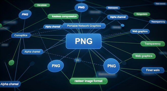 Digital network diagram showing connections and attributes of PNG image format