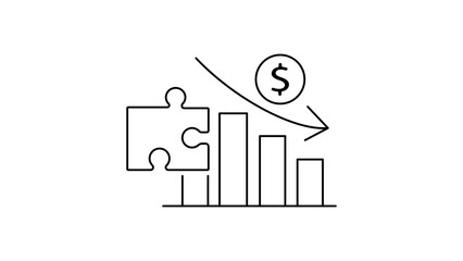 Fototapeta premium Restructuring Debt and Financial Crisis Management Concept, Minimalist Black Line Vector Icon with Editable Stroke on White Background Featuring Puzzle Piece, Bar Graph, and Dollar Sign Symbol.