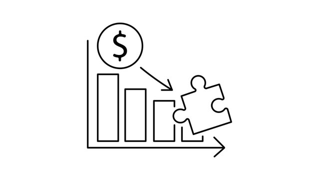 Restructuring Debt and Financial Crisis Management Concept Vector Icon Illustration with Bar Chart, Dollar Sign, and Puzzle Piece, Minimalist Design with Editable Stroke on White Background.