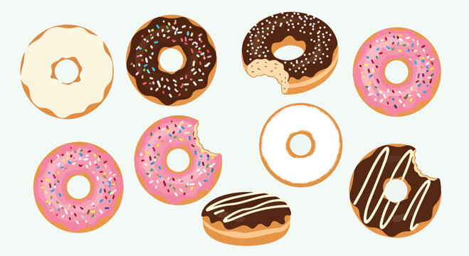 A colorful set of nine donuts with various toppings and fillings