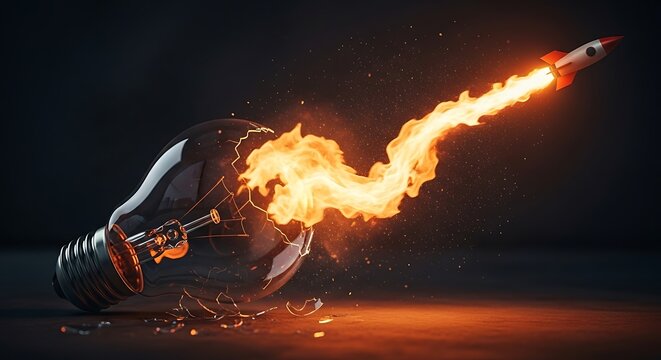 Rocket shatters a glass lightbulb leaving a massive trail of fire, symbolizing explosive creativity and unstoppable breakthrough ideas