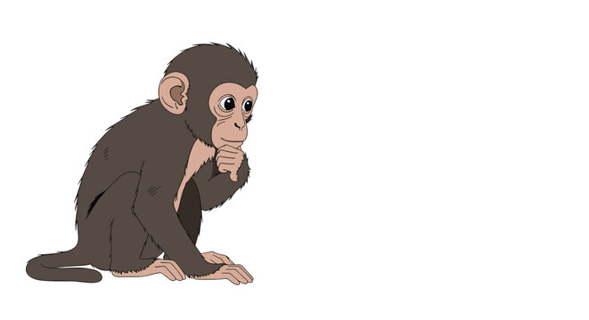 Small brown monkey sitting in a thoughtful pose with its hand on its chin, isolated on a clean white background.