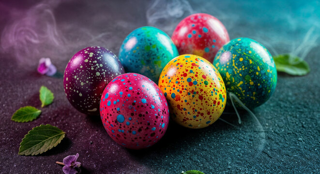 colorful easter eggs with smoke and leaves