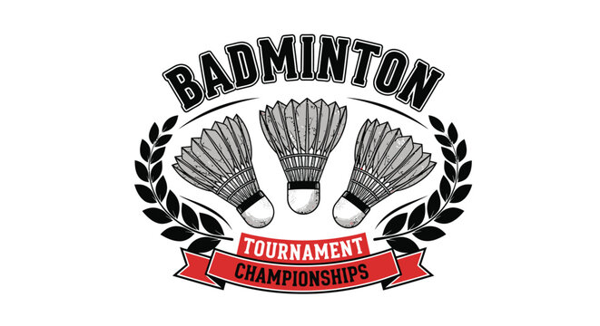 A vintage style badminton tournament emblem featuring shuttlecocks laurel wreaths and championship text high quality