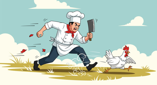 Angry chef wearing a traditional white uniform and hat chasing a fast-running chicken while holding a large meat cleaver.