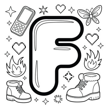 Letter f coloring page with y2 k style boots, and phone
