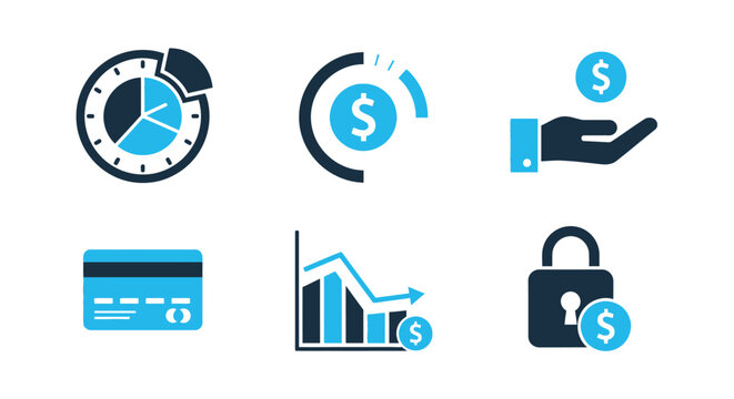 Collection of financial icons depicting growth security transactions and data analysis high quality professional detailed